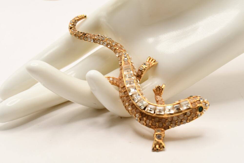 Vintage Rhinestone Lizard Brooch Gold Tone Green Eyes 3.5 Inch Figural Pin